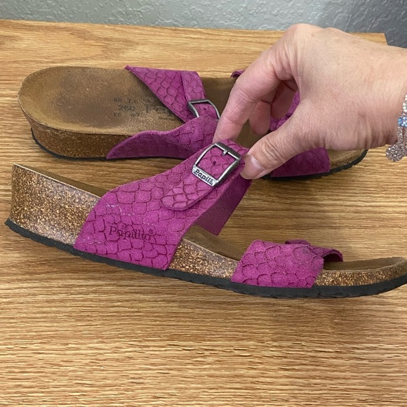 Birkenstock Papillio Alicia Berry Pink Snakeskin Print Leather Wedge Sandals 9 - Picture 3 of 7